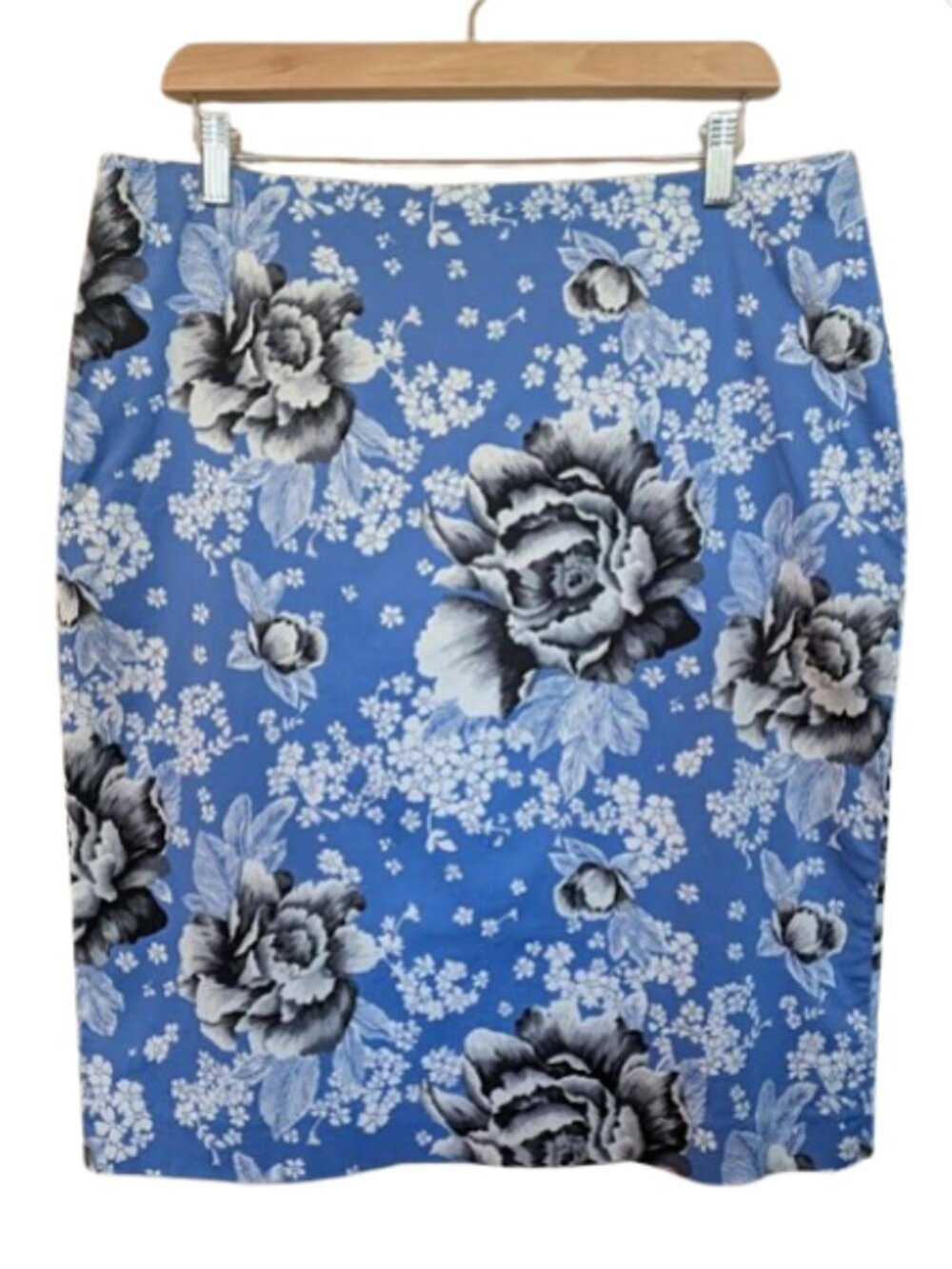 Talbots Blue Floral Pencil Cotton Blend Stretch Knee Length Skirt Size 12